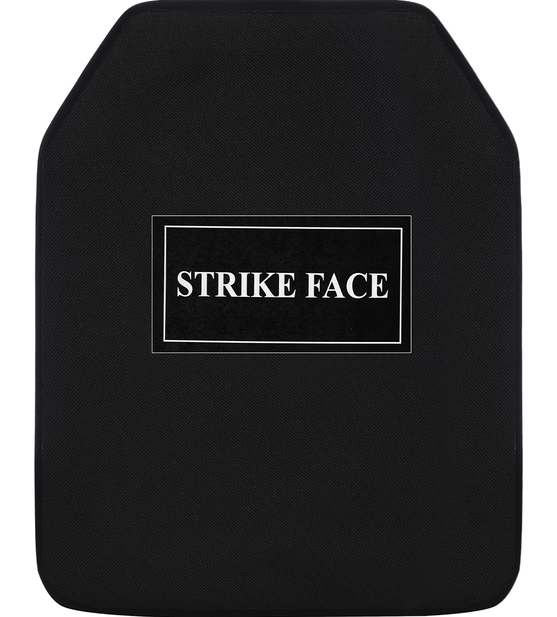 Soldier holding a RhinoCore RF1 Hard Armor Plate labeled “STRIKE FACE,” wearing a tan tactical helmet and camouflage gear.