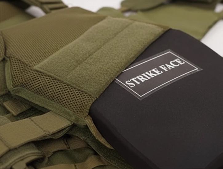Close-up of a ballistic plate labeled “STRIKE FACE” inserted into an olive-green tactical vest for body armor protection.