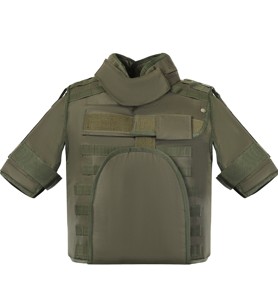 Man wearing Hard Shell olive green Rescuer Vest with neck, shoulder, and groin protection, designed for tactical and rescue operations.